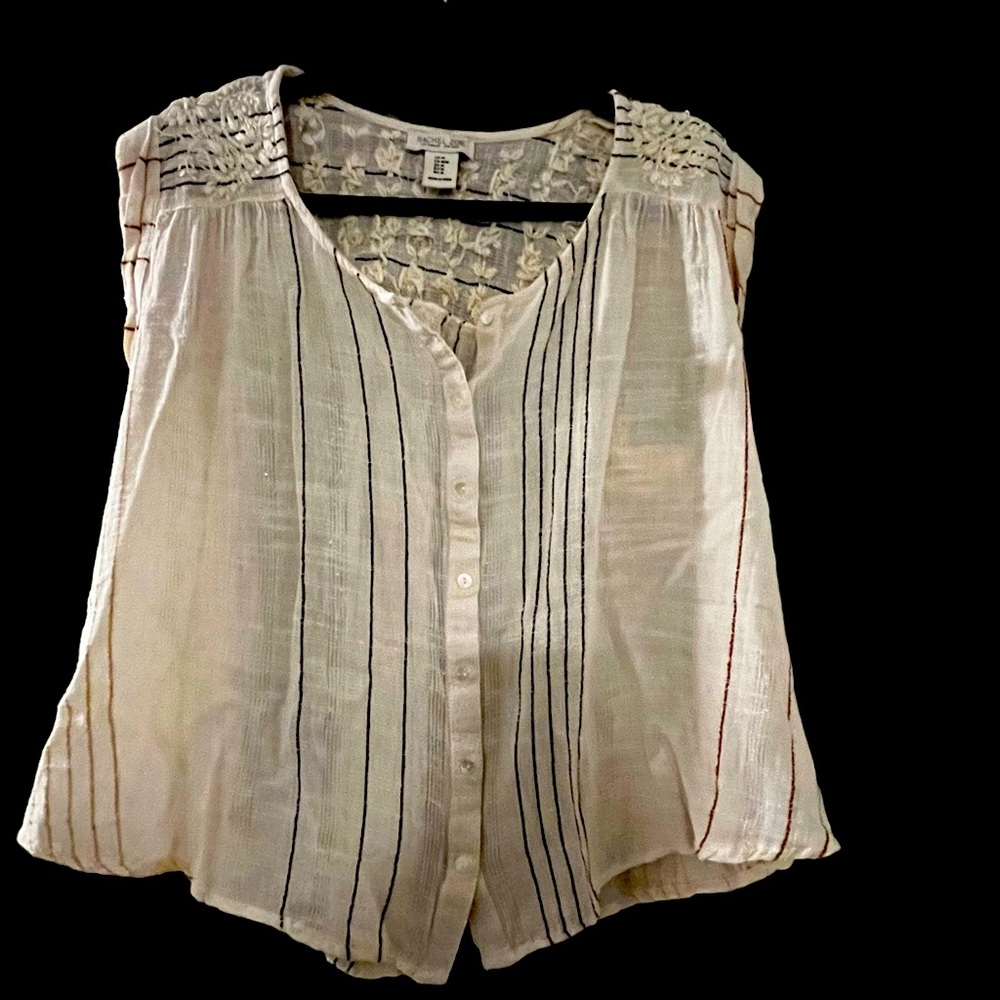 Light material, short sleeve button up top, Rachel, Zoe size medium beige